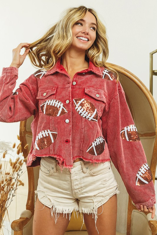 HuddleBabe™ Football Sequin Corduroy Vintage Wash Jacket